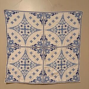Vintage Handmade cross stitched Blue White square table linen 32" x 32"